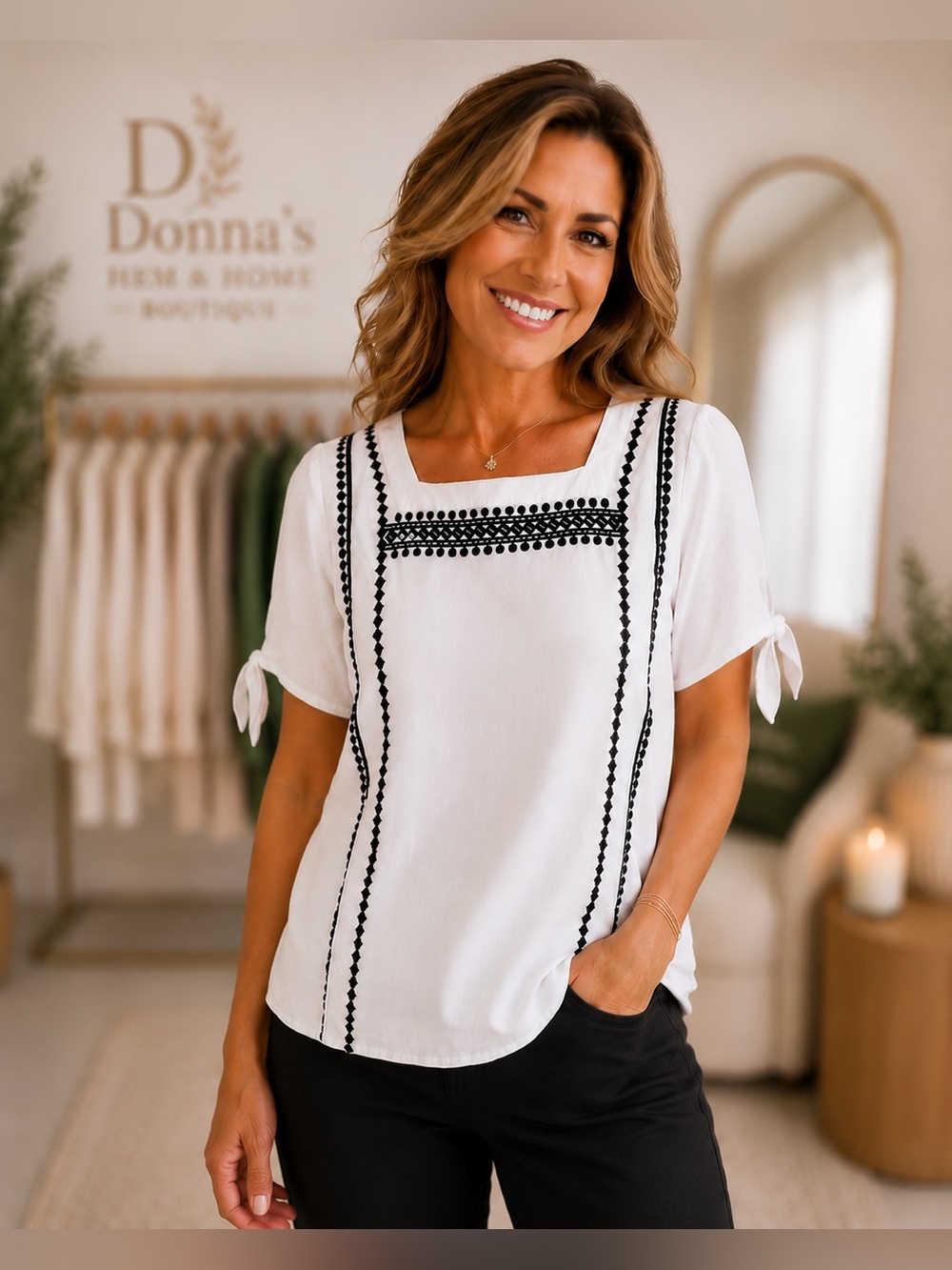 TALBOTS White & Black Embroidered, Square Neck, Tie Sleeves Boho Linen Top NWOTs